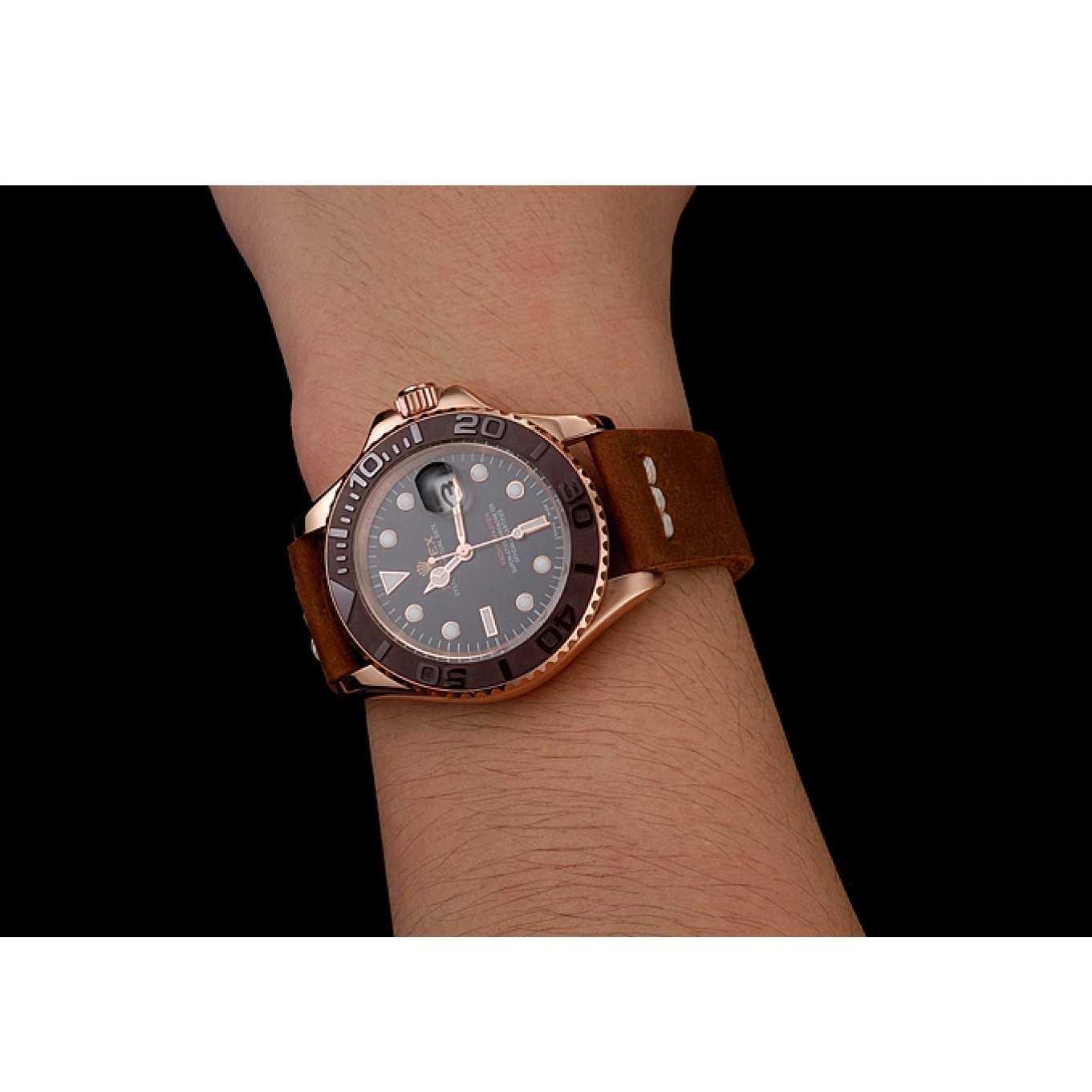 AAA Replica Watches Black Bracelet Rose Yacht Brown Brown Case Leather 1453860 Dial Rolex Gold Bezel Master 0601